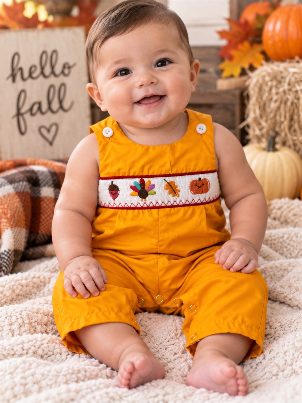 Rylee Faith Fall/ Thanksgiving Smocked Baby Romper